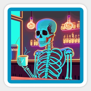 Neon skeleton drinking coffee Sticker